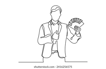 Dibujo de línea continua de un hombre de negocios mostrando notas de dinero con hasta el pulgar. Concepto de cómo invertir dinero y ganar dinero. empresario exitoso. 
