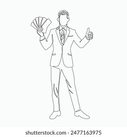 Continuous line drawing of businessman showing money notes, Continuous line drawing of bank, money, finance, financial, payment, data, savings, economic, wealth, credit