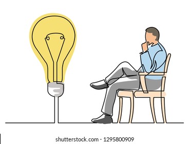 continuous line drawing of businessman sitting thinking about idea
