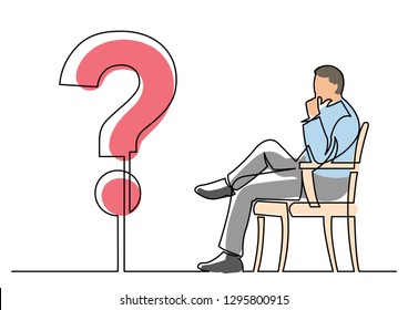 continuous line drawing of businessman sitting thinking about a question