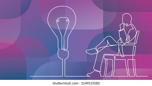 continuous line drawing of businessman sitting thinking about idea