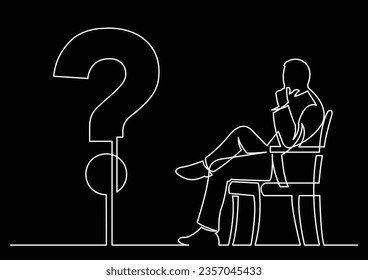 continuous line drawing of businessman sitting thinking about a question