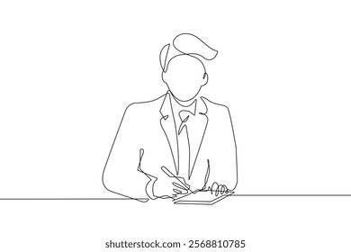 Continuous Line Drawing of Businessman in Sitting Pose. One Line Drawing of Man with Pen. Business Concept Single Line Vector Illustration. Not AI