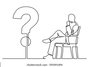 continuous line drawing of businessman sitting thinking about a question