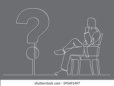 continuous line drawing of businessman sitting thinking about a question