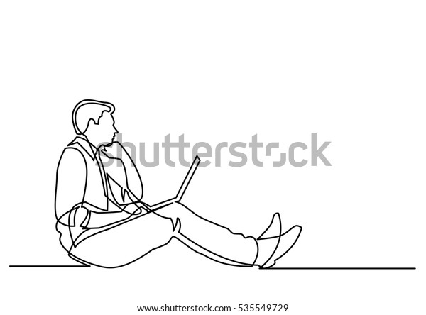 ノートパソコンで考えながら座っているビジネスマンの連続線画 のベクター画像素材 ロイヤリティフリー