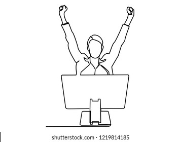 Continuous line, drawing of  Businessman sitting'm excited, very happy, vector illustration.