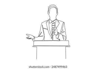 Continuous line drawing of a businessman speaking at a conference holding a microphone