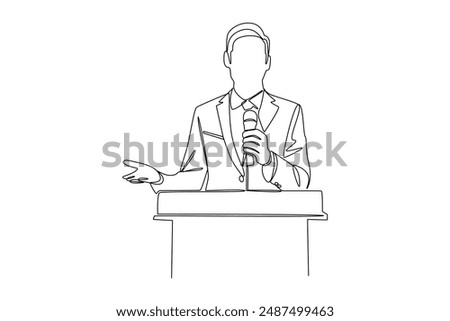 Continuous line drawing of a businessman speaking at a conference holding a microphone