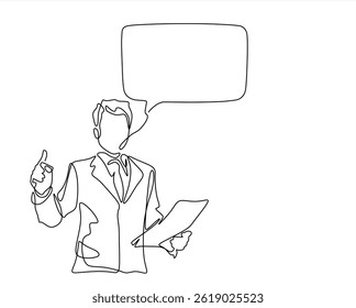 Continuous line drawing of businessman with speech bubble is drawn by a single black line on a white background. Continuous line drawing. Vector illustration. Editable stroke.