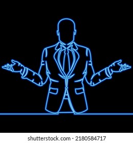 Continuous line drawing businessman spreading his arms confusion in business icon neon glow vector illustration concept