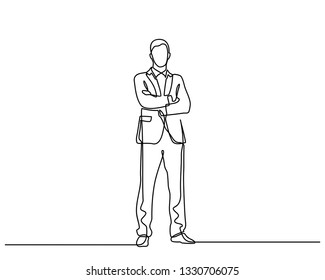 continuous line drawing of businessman standing with crossed arms. Isolated over white background. Vector