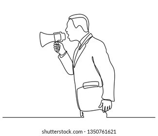 continuous line drawing of businessman standing and talking through a megaphone. businessman shouting in megaphone isolated on white background