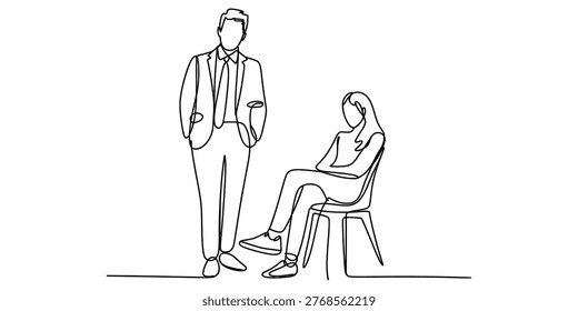 Continuous line drawing of a businessman standing next to a woman sitting on a chair. Vector, illustration