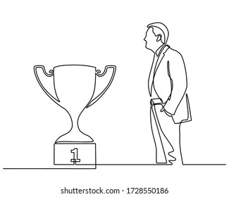 El dibujo de una línea continua de un empresario está contemplando el trofeo. La gente de negocios está mirando el trofeo y quiere lograr el éxito. Éxito de la competencia, primer lugar, símbolo de la ceremonia de celebración