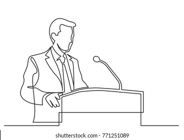 continuous line drawing of businessman talking before audience