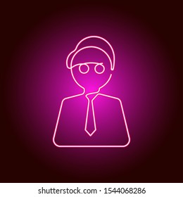 Continuous line drawing businessman tells and shows something, copyspace . Vector illustration.. Vector neon icon. Pink color