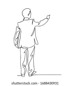 Continuous line drawing businessman tells and shows something, copyspace . Vector illustration.