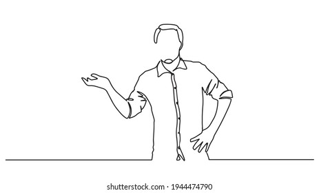 Continuous line drawing businessman tells and shows something, copyspace . Vector illustration. Continuous line drawing of business presentation - business trainer talking.