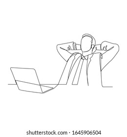 Continuous line drawing of businessman thinking and dreaming with laptop. Vector illustration.