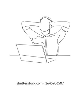 Continuous line drawing of businessman thinking and dreaming with laptop. Vector illustration.