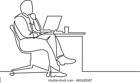 continuous line drawing of businessman thinking on white backrgound