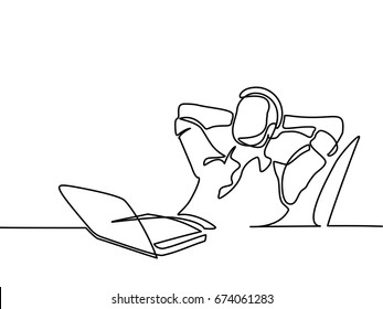 Continuous line drawing. Businessman thinking and dreaming with his laptop on white background. Vector illustration