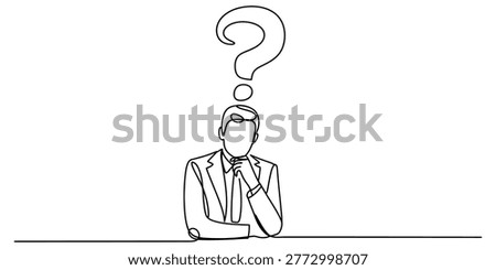 Continuous line drawing of a businessman thinking with a question mark symbol above his head representing uncertainty and confusion in business