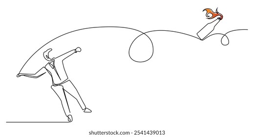 continuous line drawing of businessman throwing molotov cocktails.one line drawing of rebellion,demonstration,chaos,resistance.single line vector illustration