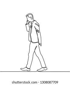 continuous line drawing of businessman walking and talking on the phone. one line vector