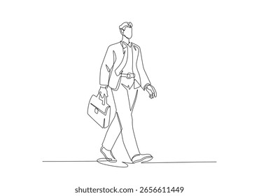 Continuous line drawing of a businessman walking with a briefcase, Perfect for business, career, and corporate concept visuals, Minimalist style vector illustration on white background. 
