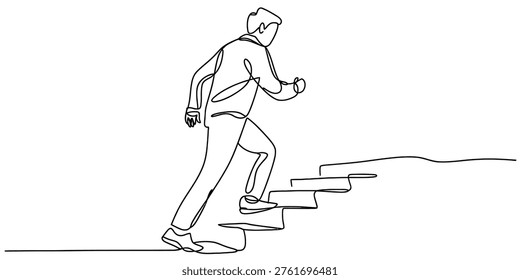A continuous line drawing of a businessman walking up a flight of stairs to show professional growth Vector, illustration