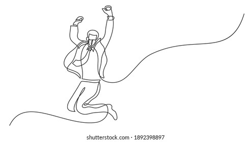 continuous line drawing of businessman wearing face mask jumping joy