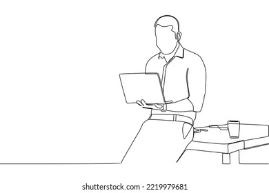 Continuous line drawing of businessman wearing a white shirt sitting at a desk in the office