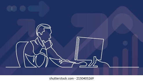 continuous line drawing of businessman working behind computer