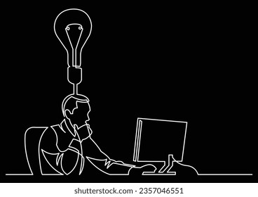 dibujo de línea continua del empresario que trabaja detrás de la computadora en la idea