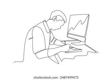 Continuous line drawing of businessman working at desk with computer and writing notes. Symbolizing productivity.