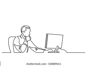 continuous line drawing of businessman working behind computer