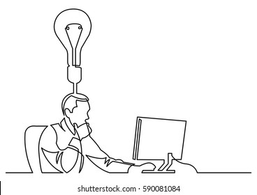 continuous line drawing of businessman working behind computer on idea