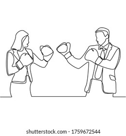 Continuous line drawing of businessmen with boxing gloves.Professional businessmen in suits and boxing gloves stand face to face isolated on white background