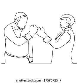 Continuous line drawing of businessmen with boxing gloves.Professional businessmen in suits and boxing gloves stand face to face isolated on white background