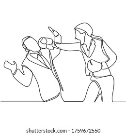Continuous line drawing of businessmen with boxing gloves.Professional businessmen in suits and boxing gloves stand face to face isolated on white background