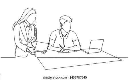 Continuous line drawing of businessmen and businesswomen discuss their strategies with laptops in the office. Talk and discuss something. Business meeting in office isolated on white background.