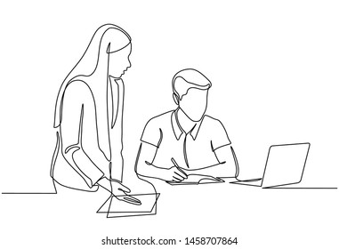 Continuous line drawing of businessmen and businesswomen discuss their strategies with laptops in the office. Talk and discuss something. Business meeting in office isolated on white background.