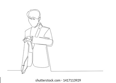 Continuous line, drawing of businessmen looking at hand-drawn clocks, simple lines. Vector illustrations