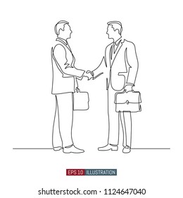 Continuous line drawing of  businessmens handshake. Template for your design works. Vector illustration.