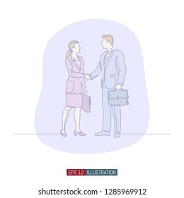 Continuous line drawing of  businessmens handshake. Template for your design works. Vector illustration.