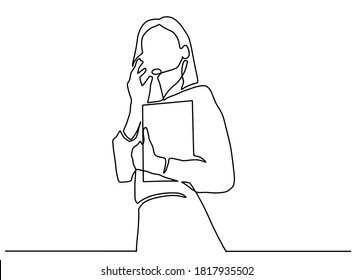 Continuous line drawing of a businesswoman calling by phone.young businesswoman with folders using cellphone ne line illustration.