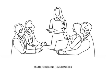 Continuous line drawing of a businesswoman discussing in the office meeting room. discussion in a conference room. Concept of Business meeting and presentation.Isolated on a white background.
