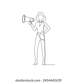 continuous line drawing of a businesswoman with megaphone to Communicate message, announce job vacancy for hiring, shouting promotion or company communication